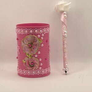 White Flower Writing Pen with Pink Ribbon Pen Holder Set